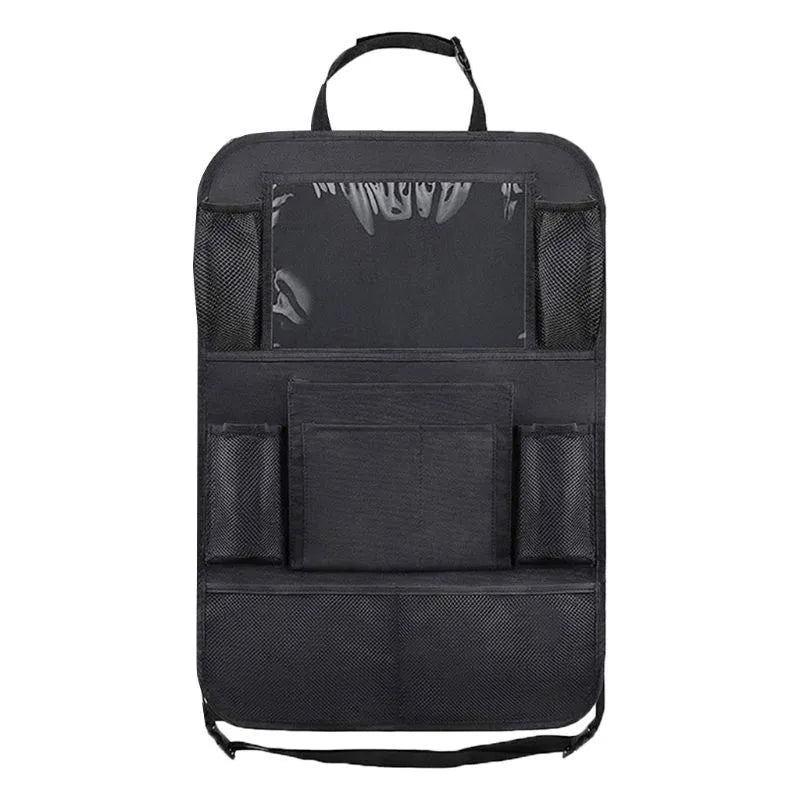 Black car storage bag made from Oxford fabric, measuring 61 cm by 41 cm, attached to a car seat back pocket