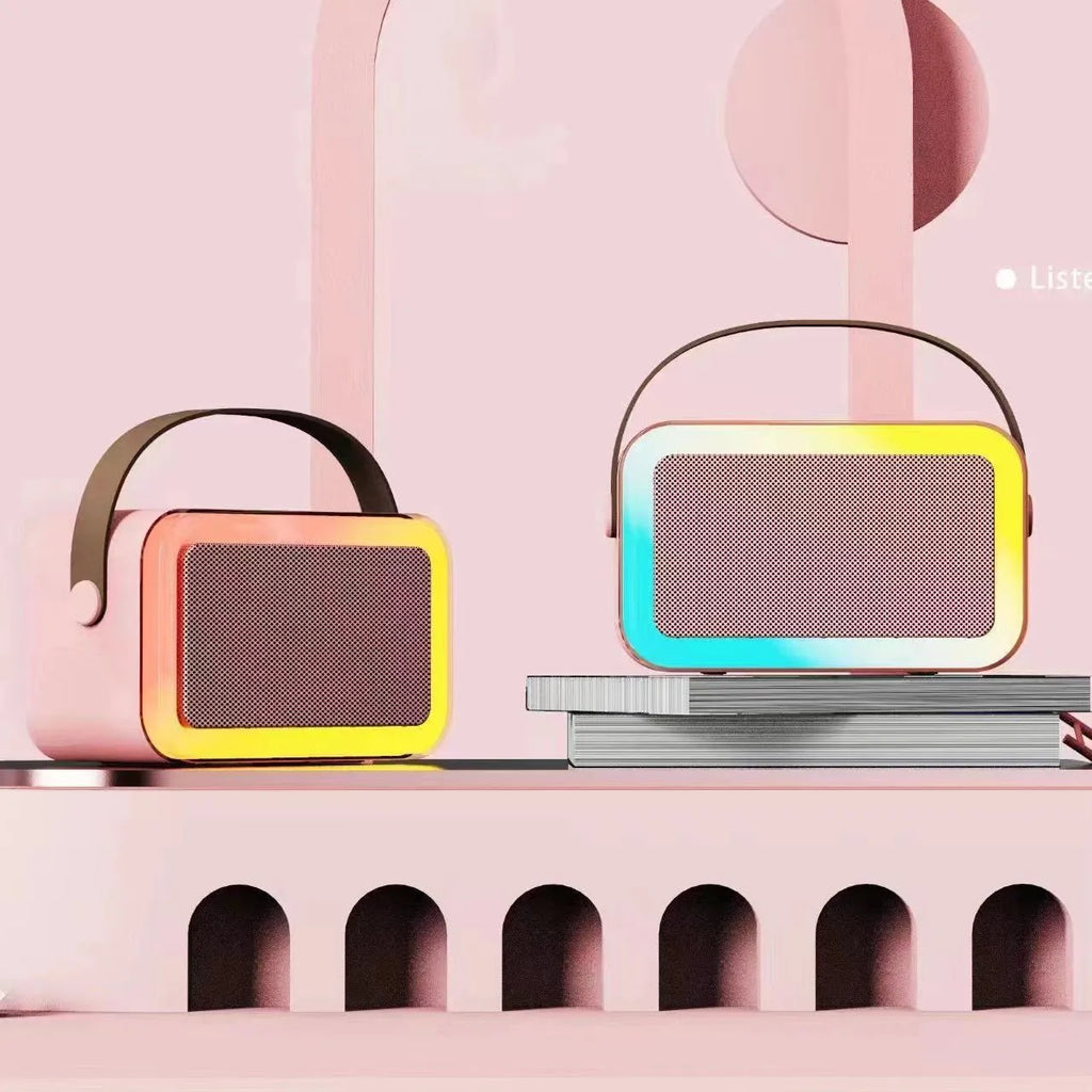 Portable Bluetooth karaoke microphone speaker with coloured LED lights in pink, sky blue and white colour options