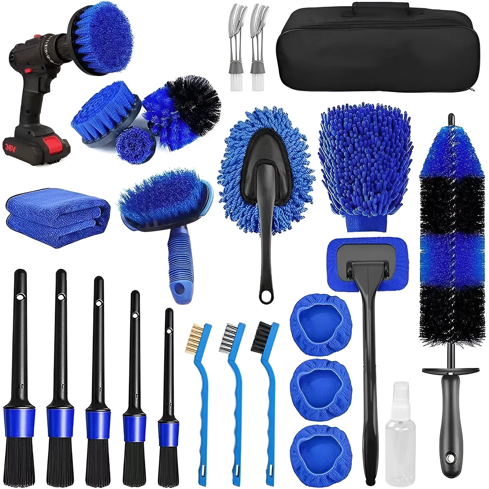 26-piece car wash brush kit including tire brush and cleaning tools in PP material, picture style colour
