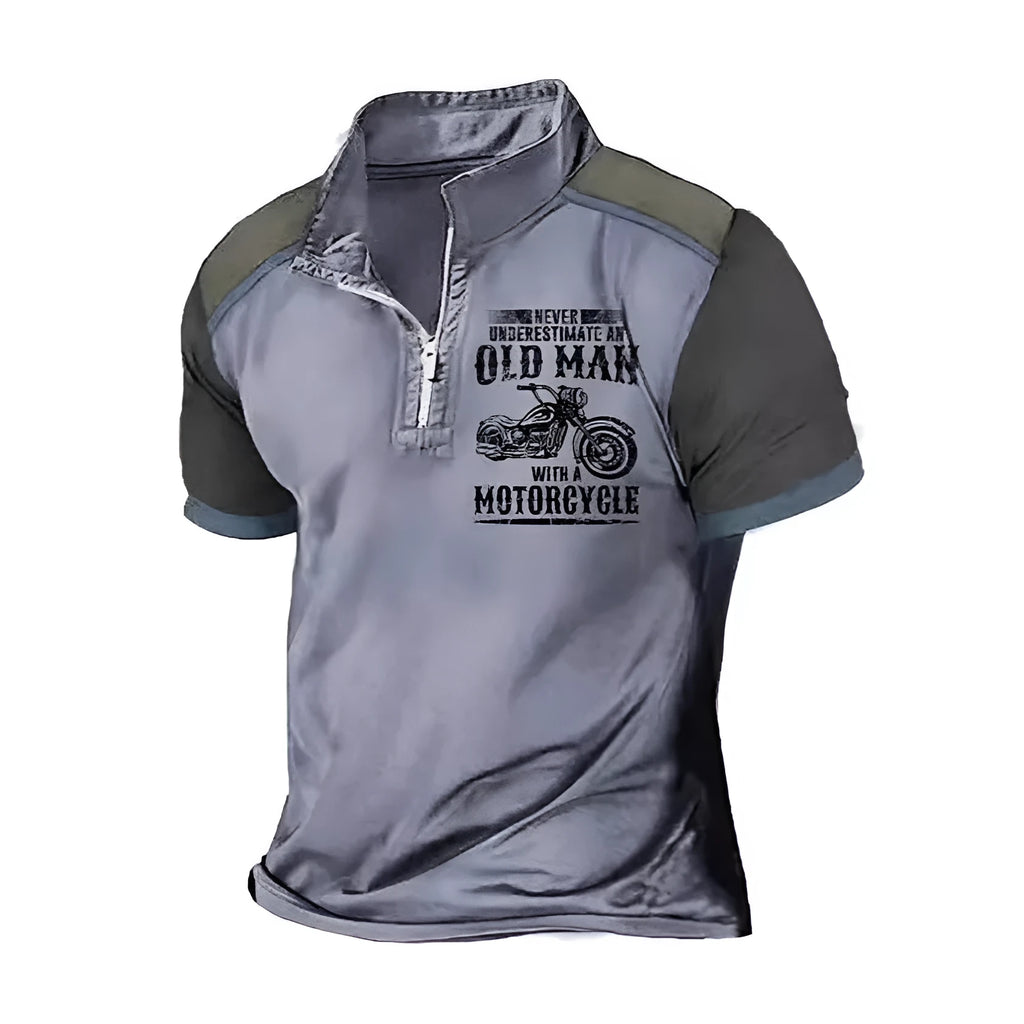 Men's grey casual polo shirt with lapel detail, zipper decoration, and digital letter printing on the front.