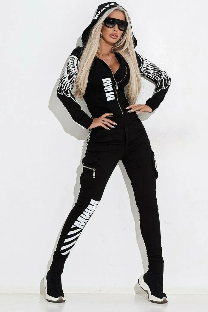 Women's black wings print hooded casual suit with zip-up front and matching trousers