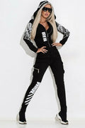 Women's black wings print hooded casual suit with zip-up front and matching trousers