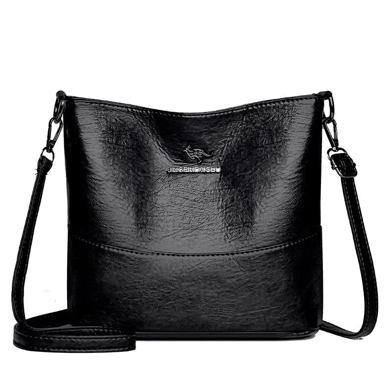 Women's solid colour soft leather shoulder bag with sewing line in black, ginger yellow, or wine red