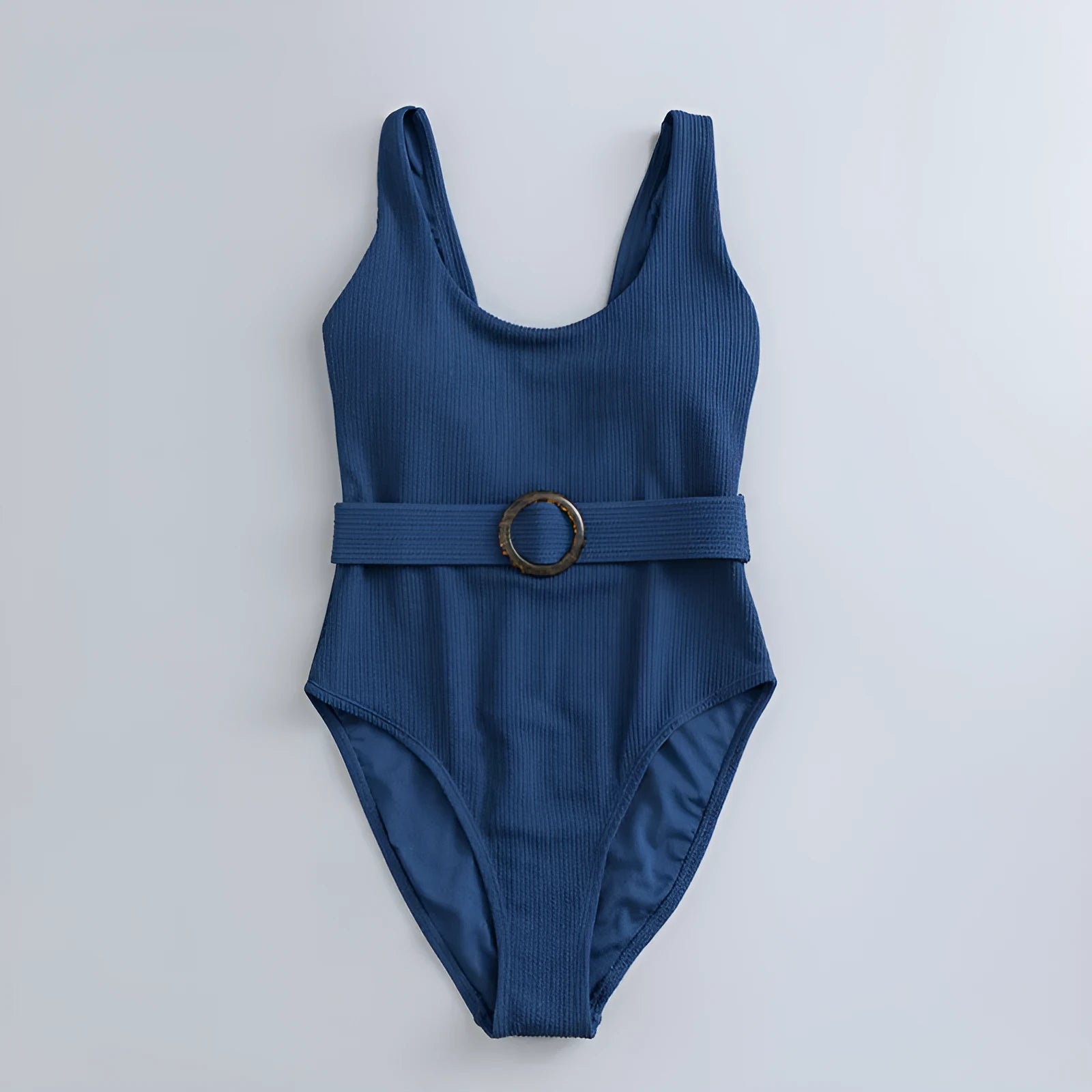 Navy blue women's one-piece slimming swimsuit with triangle design and chest pad support