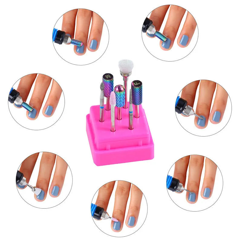 Seven tungsten steel nail drill bits arranged next to a brush inside a transparent case