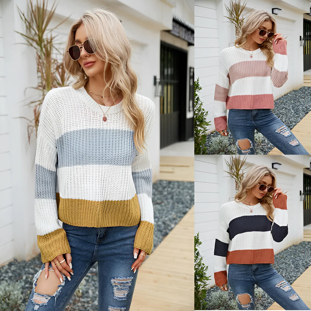 Women's short casual striped loose pullover in pink stripes, acrylic knit, short 40cm length, pullover style