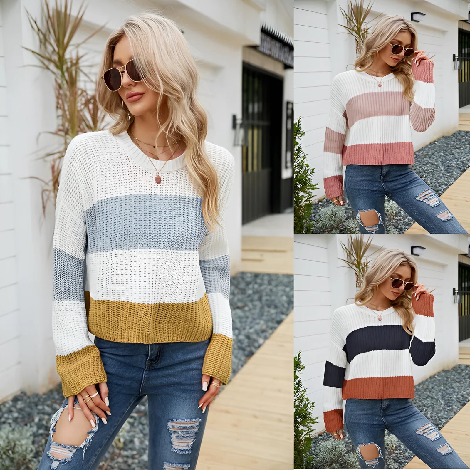 Women's short casual striped loose pullover in pink stripes, acrylic knit, short 40cm length, pullover style