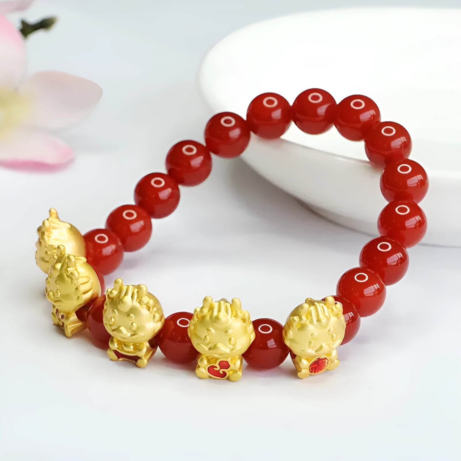 Natural red agate bracelet with Five Blessing Dragon carving, 8mm beads, Chinese style