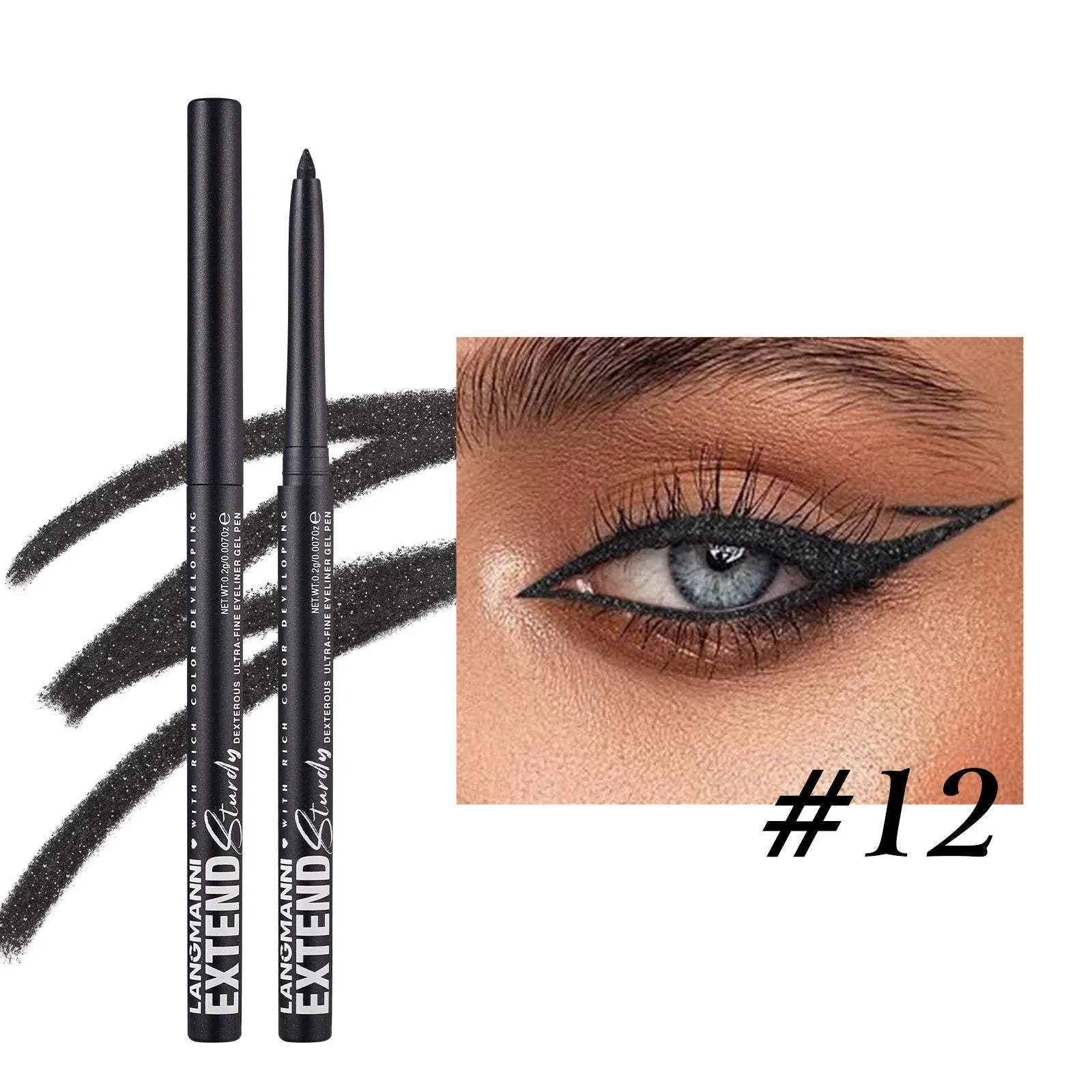 Set of 12 colourful gel glitter eyeliner pencils displayed in a row showing matte, glitter, and metallic shades.