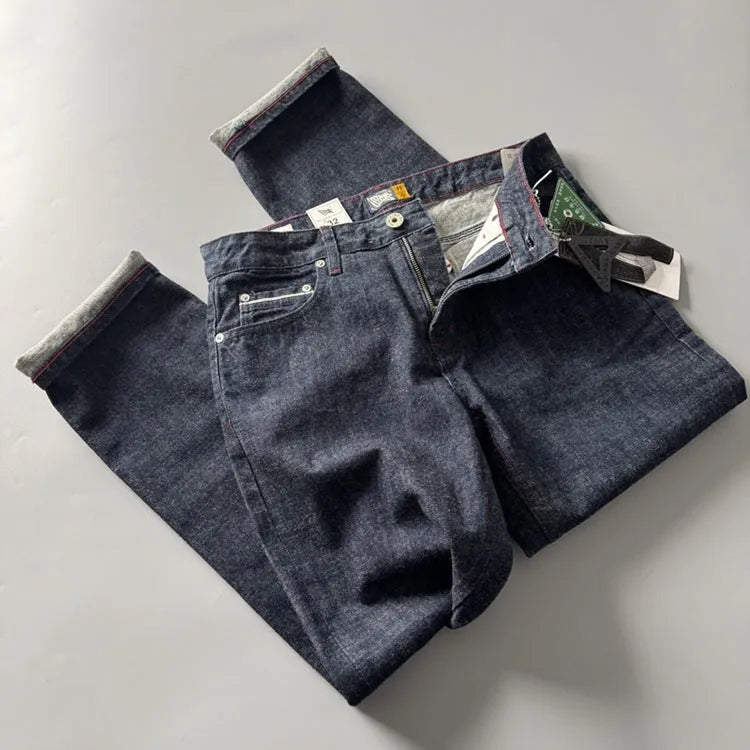 Men's straight leg denim jeans in primary colour blue with mid waist and traditional American retro styling