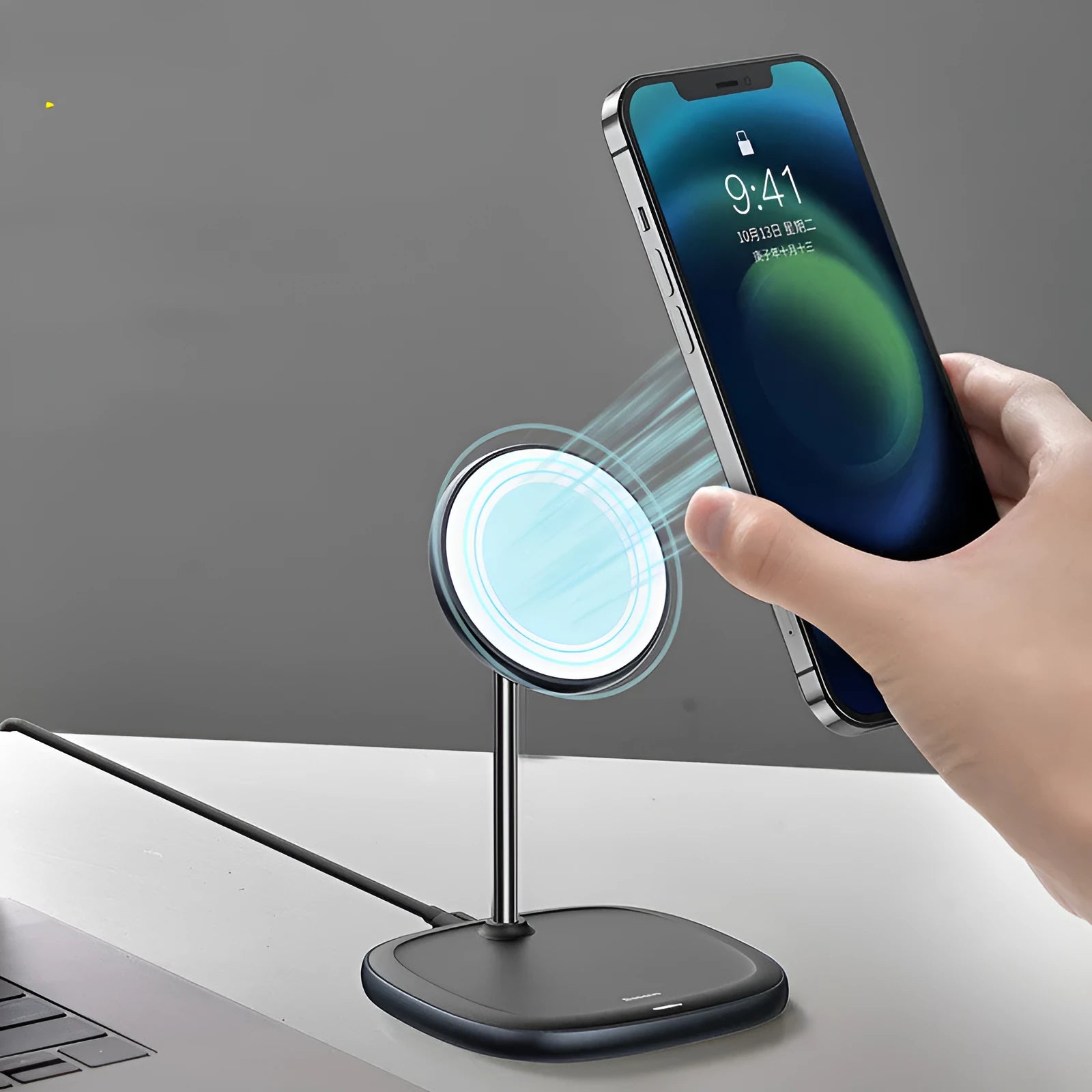 Swan Magnetic Desktop Stand Wireless Charger for iPhone 12 in black and white colours