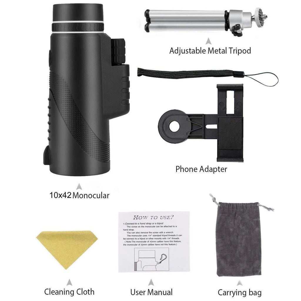 Black 40x60 monocular telescope with waterproof nitrogen construction and FMC coated lenses