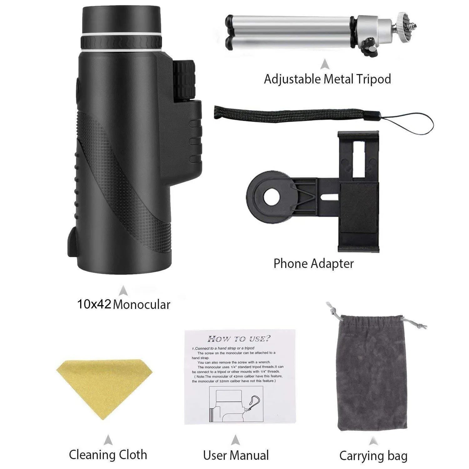 Black 40x60 monocular telescope with waterproof nitrogen construction and FMC coated lenses