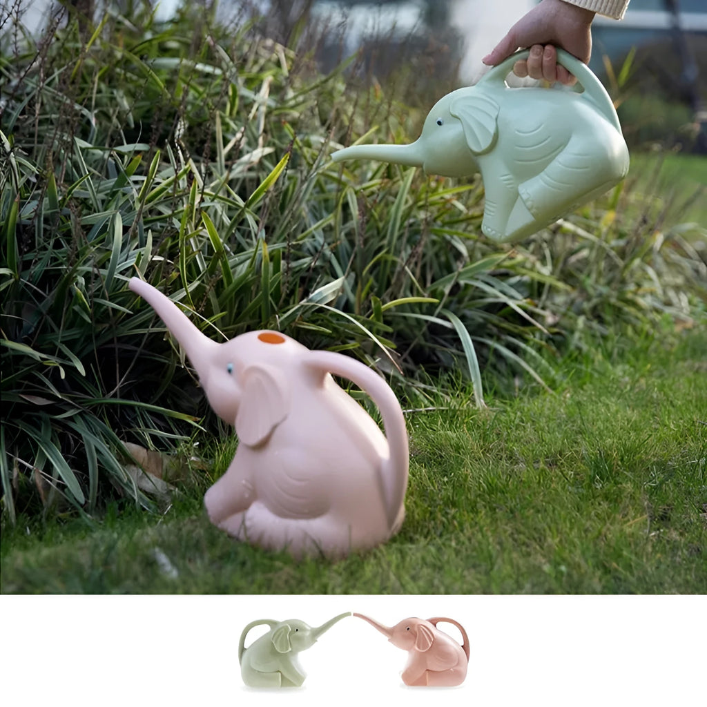 Pink elephant-shaped plastic watering can with a long nozzle for plant watering.