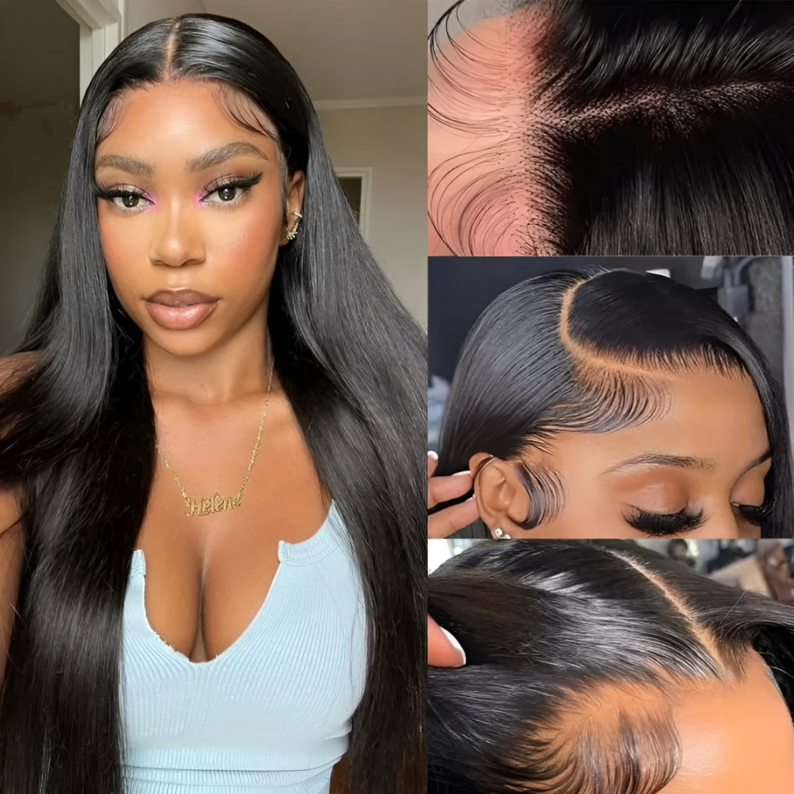 Straight black human hair wig with 13x6 lace frontal closure showing natural hairline