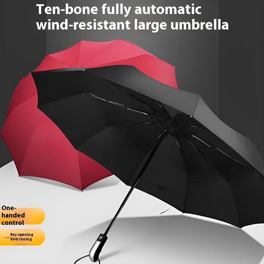 Automatic triple folding business umbrella in black colour showing steel ribs and rubber handle