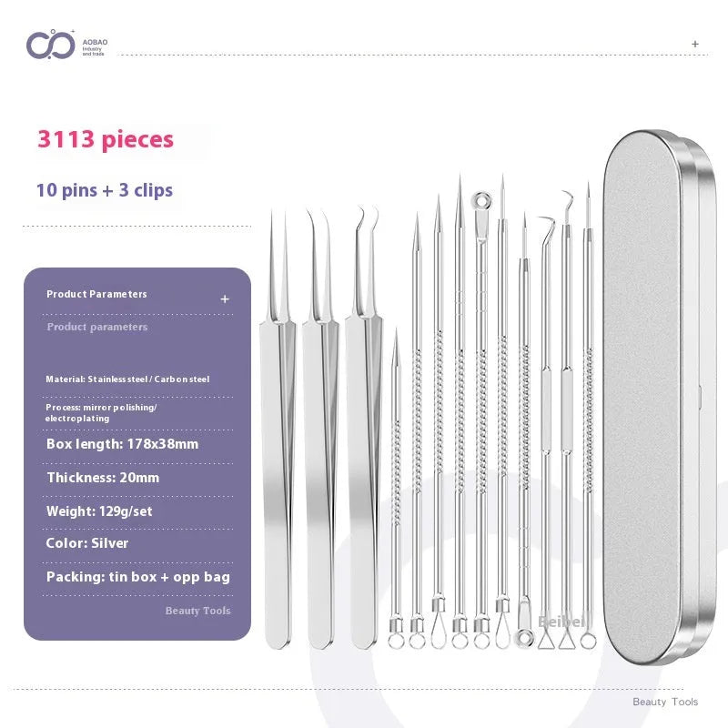 Four-piece stainless steel acne needle set with ultra-fine pointed tips and extraction clip on silver background
