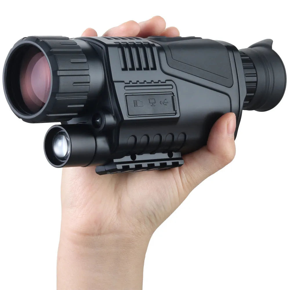 Black digital night vision telescope with rubber coating, 40mm lens, and storage bag for outdoor use.