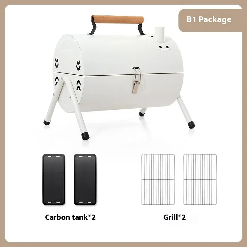 White round portable folding grill with chimney oven baking net and carbon tank for outdoor frying and baking