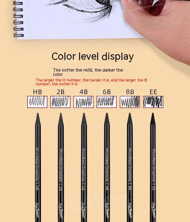 Wood-free graphite art sketching pencils six-piece set with graded hardness options