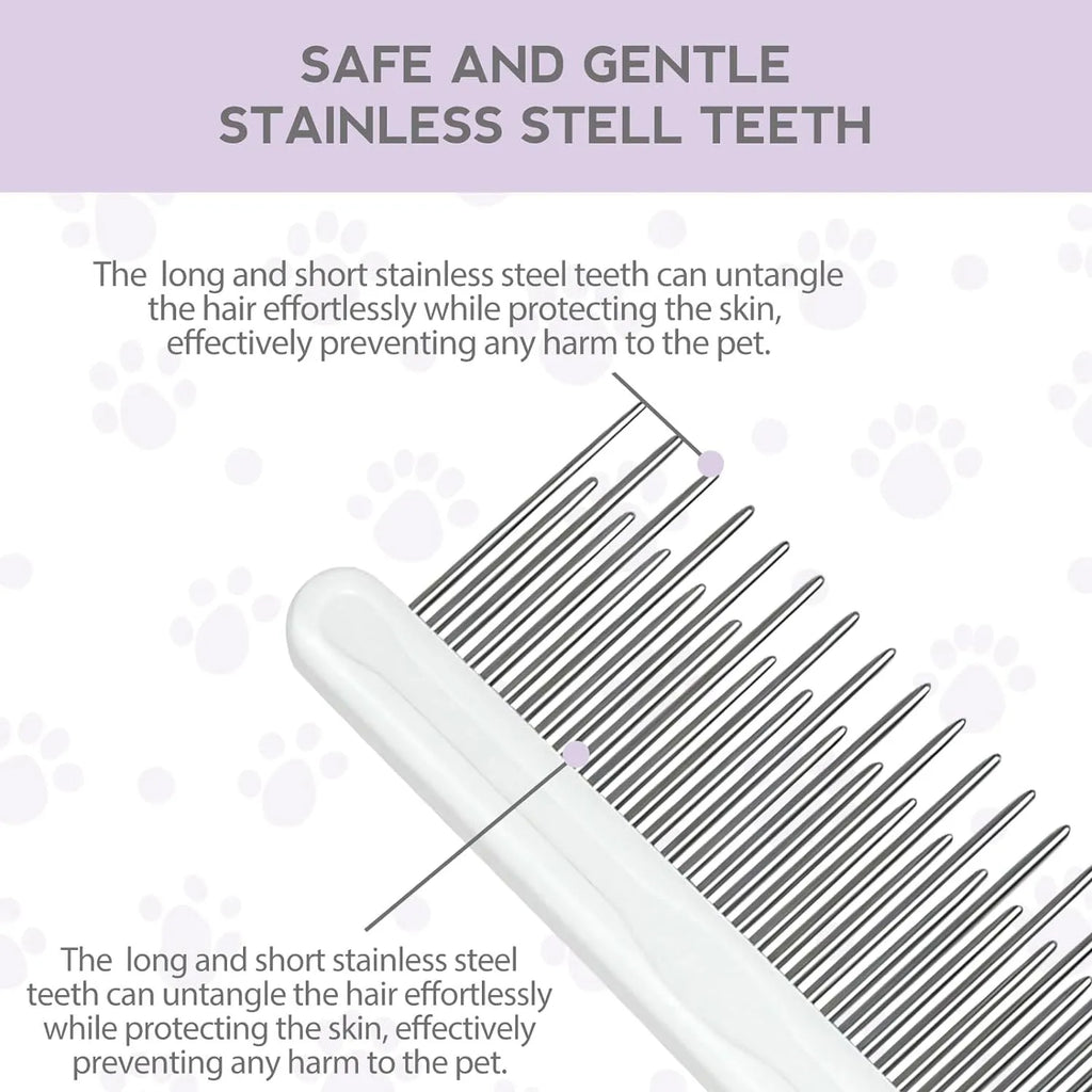Purple pet grooming comb with stainless steel teeth and ergonomic handle for detangling dog and cat fur