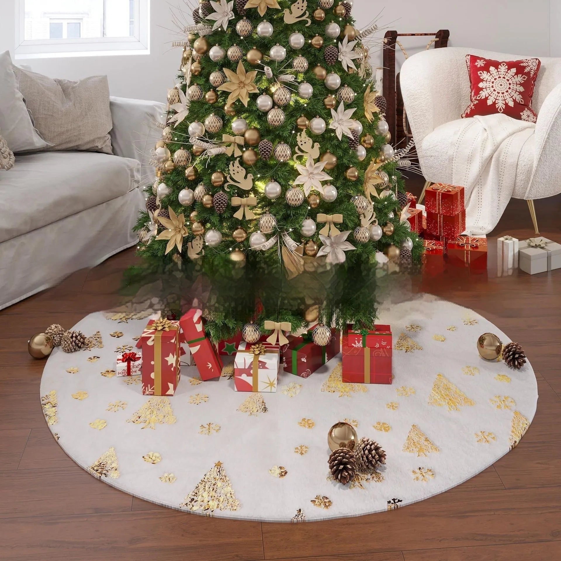 Plush Christmas tree style rug mat on floor in one of four available sizes.
