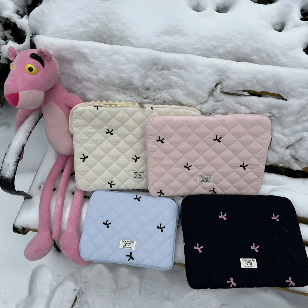 Cute rhombus embroidered bow notebook storage bag for laptop, nylon, light pink, fits 13-14 inch device