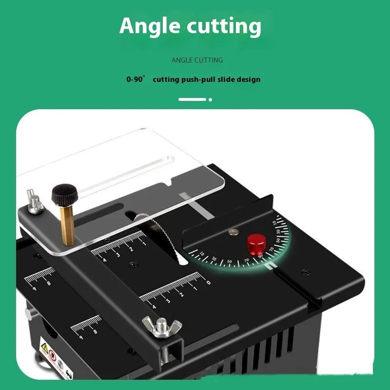 Lithium ion battery-powered desktop saw with metal construction and charging unit