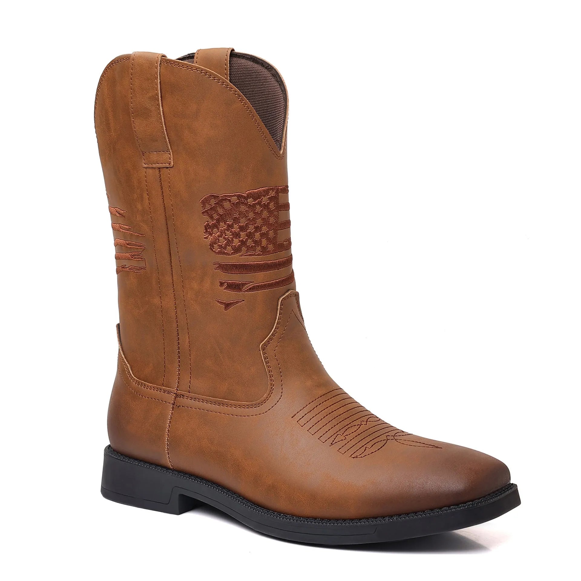Men's brown retro cowboy boots with wide square toe, horseshoe heel, and embroidered sewing thread detailing on upper