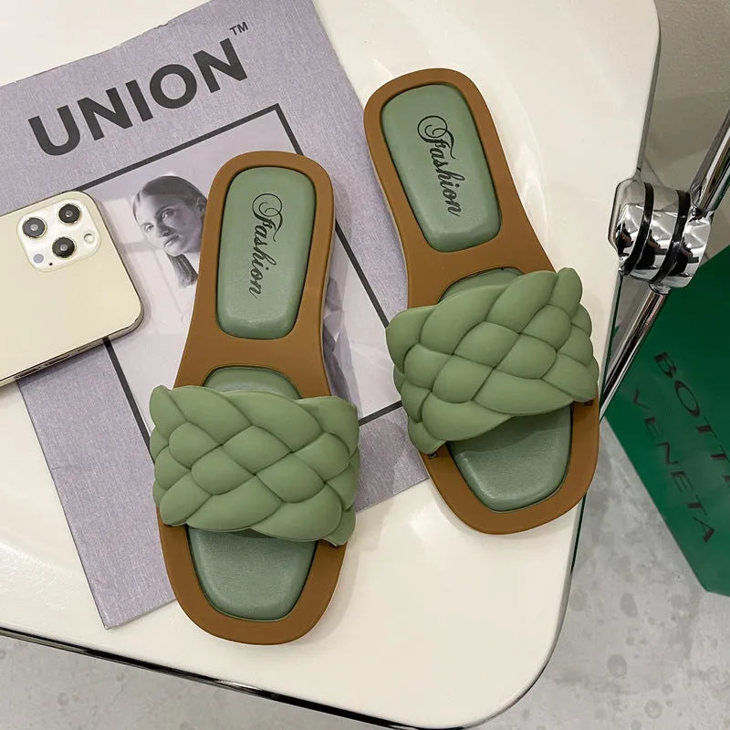 Women's plaid pattern beach sandals with anti-skid PVC soles in thick sole design