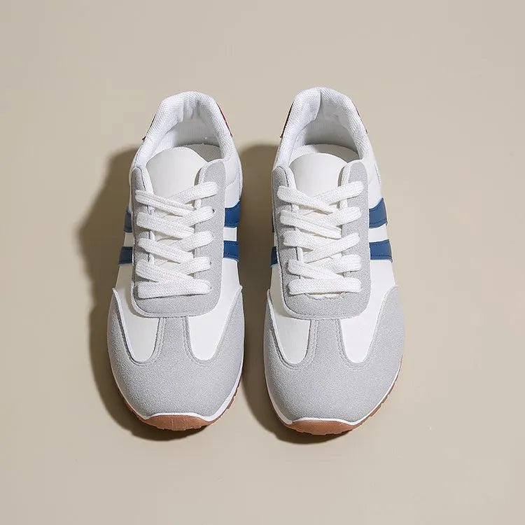 Leisure Sports Cortez Stripes shoes in blue and gray, flat heel, round toe, rubber sole, artificial PU upper
