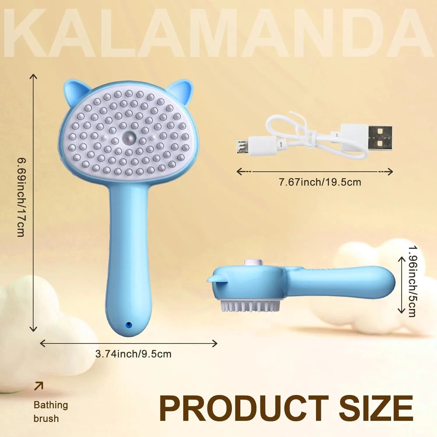 Blue cat steam brush with ergonomic handle, rubber bristles and one-click release button for pet grooming