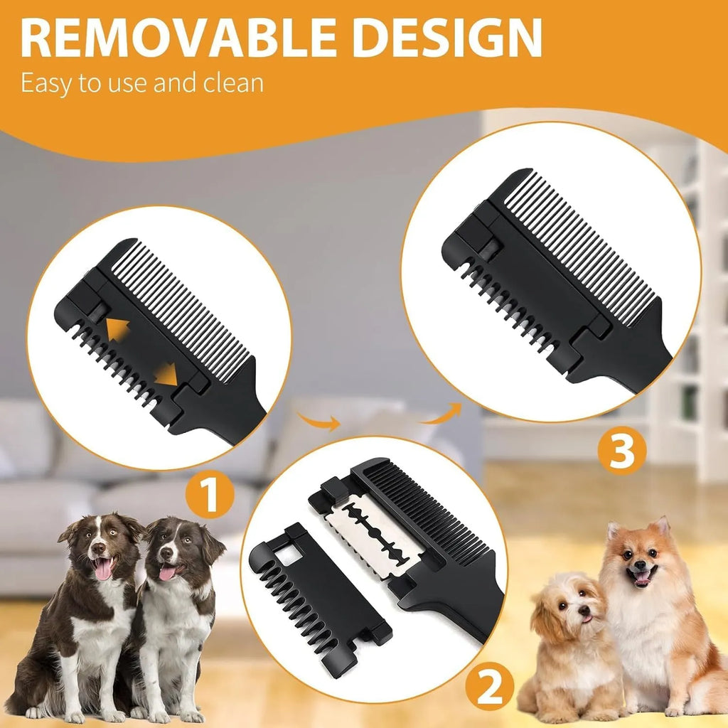 Pet razor comb for dogs and cats with detangling teeth and cutting blades, includes ten spare blades.