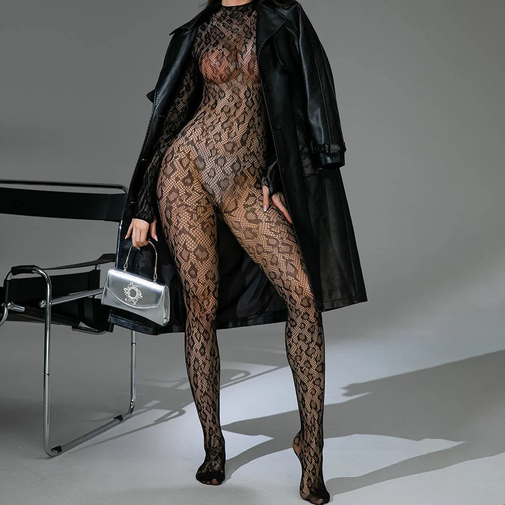 Sexy lingerie fishnet one-piece long sleeves backless jacquard bodysuit in black nylon for women free size