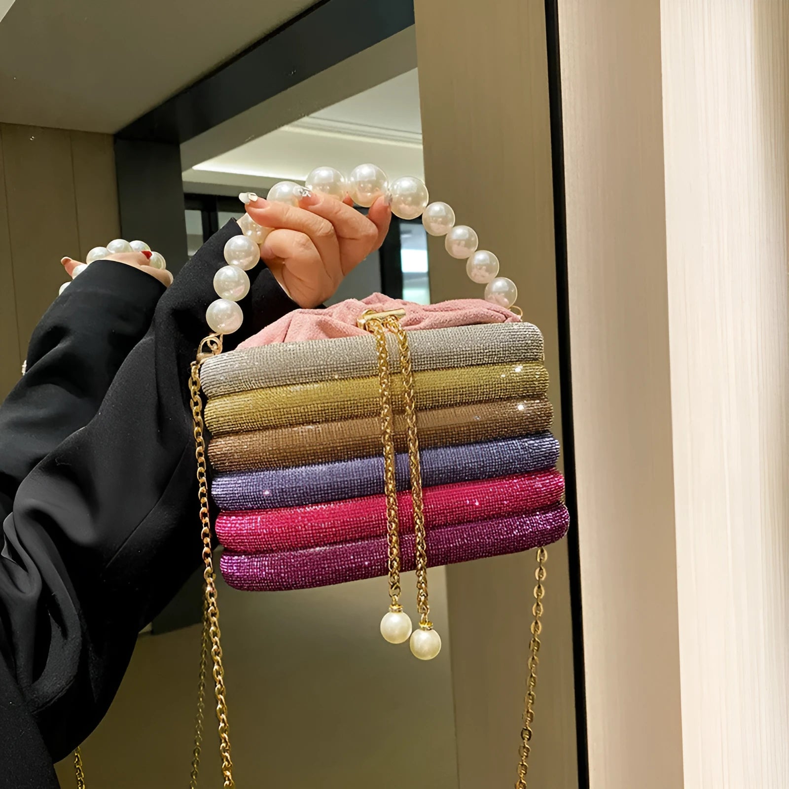 European retro style women's crossbody bag with beaded decoration and soft PU construction