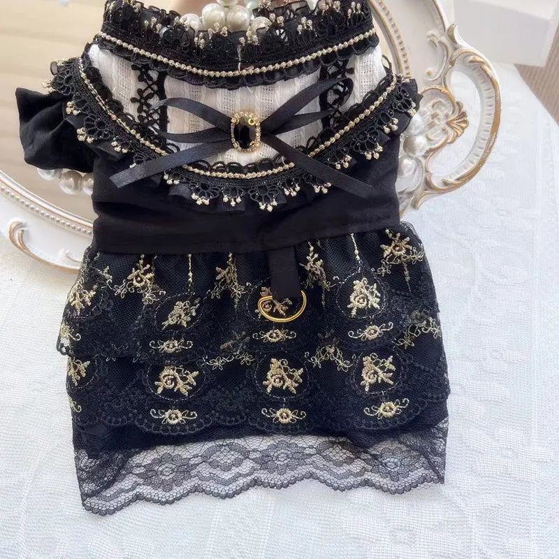 Golden gothic princess style skirt clothing for cat or dog on mannequin