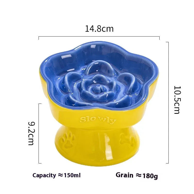 Ceramic anti-tumble pet bowl for dogs and cats with high foot and neck protector.