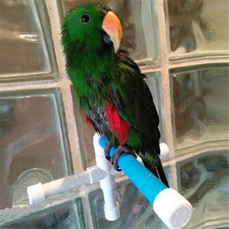 White plastic foldable parrot shower stand with three suction cups