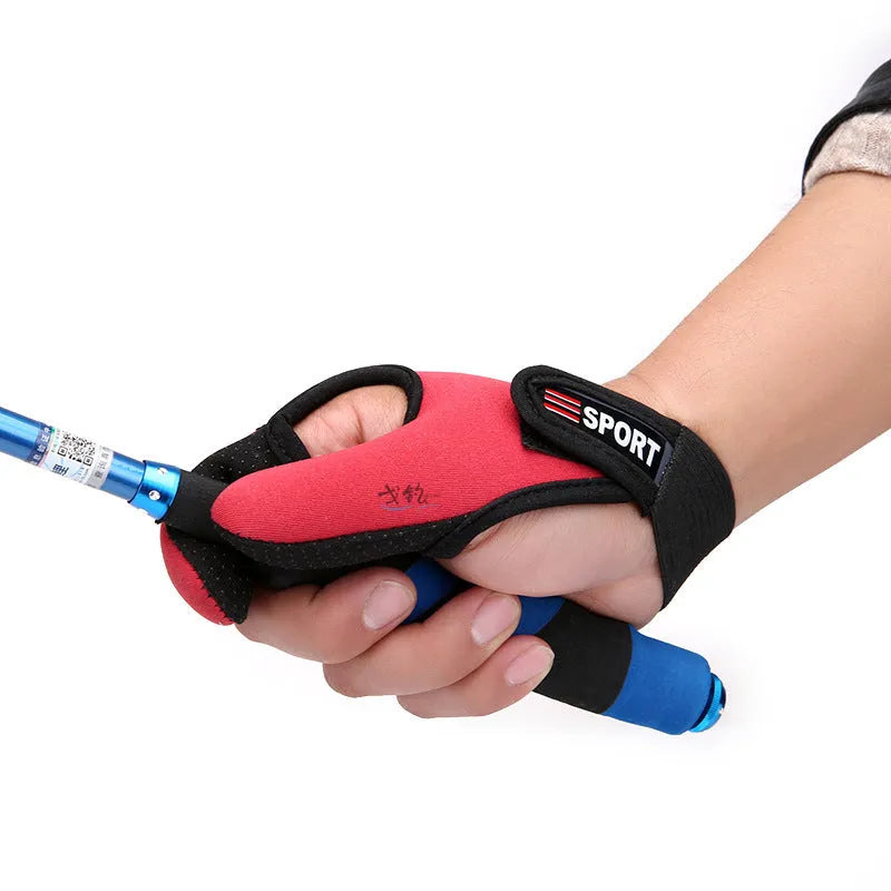 Fishing tackle two finger glove showing diving cloth back and microfiber palm, available for right or left hand