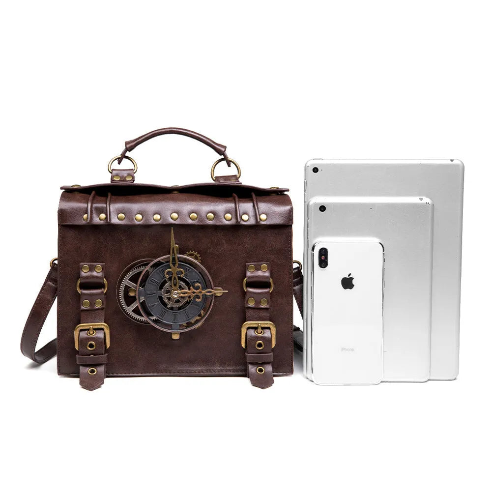Bronze steampunk shoulder bag with metal detailing and horizontal pillow shape