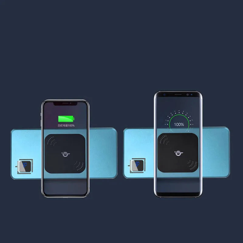 Alloy shell portable power bank with LCD display in black, silver, red, or blue.