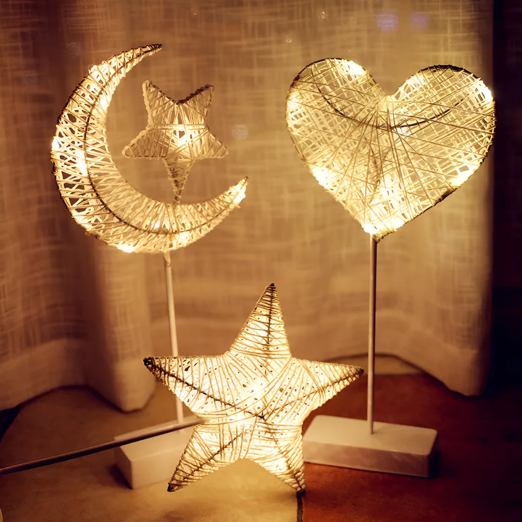 Rattan LED decorative lamp in star, heart or moon shape with warm white illumination