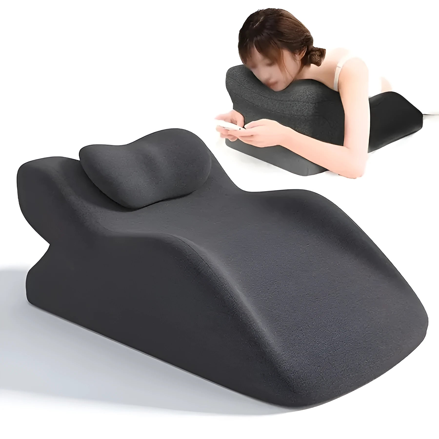 A stomach sleeper pillow shown in light grey, designed for prone positions and reading in bed.