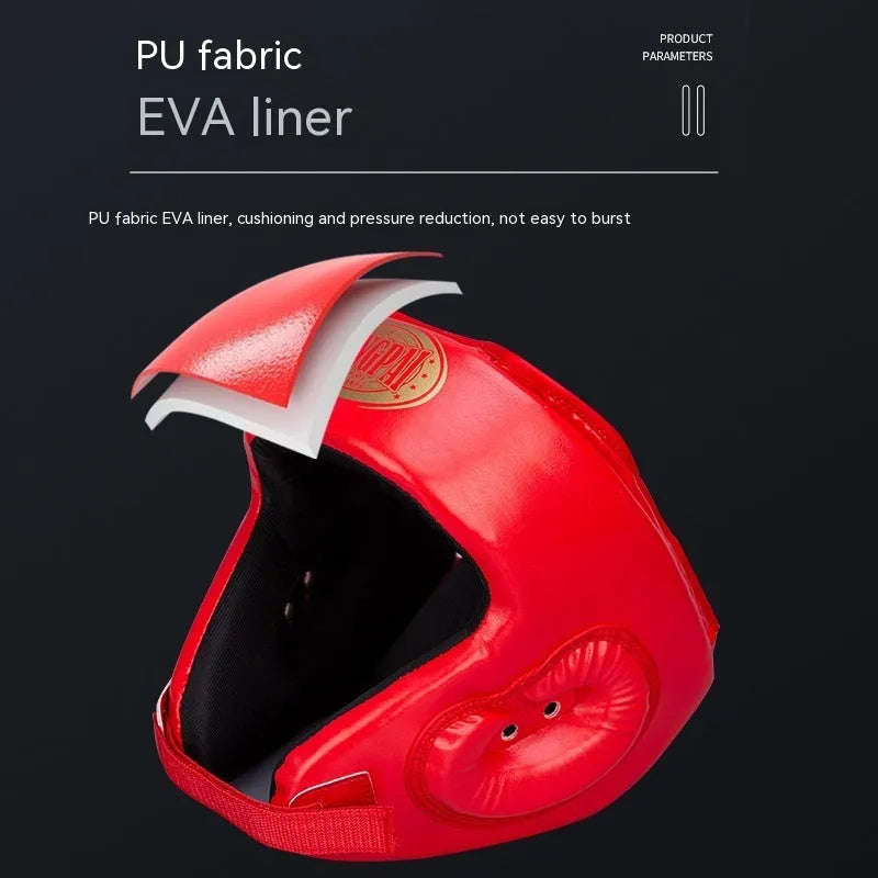 Fully enclosed boxing helmet with jaw protection in black, PU material, size options S to XXL