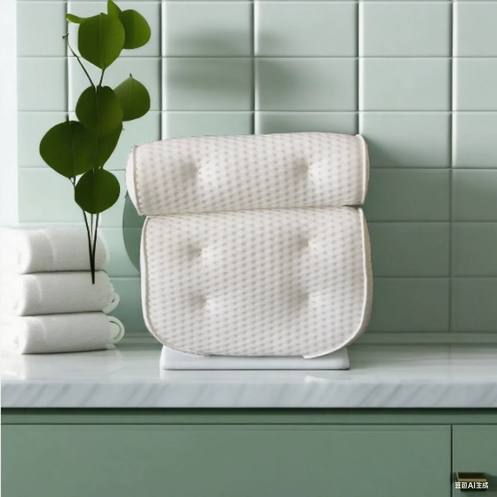 White rectangular bathtub pillow with a textured 3D mesh surface and large white suction cups on the back.