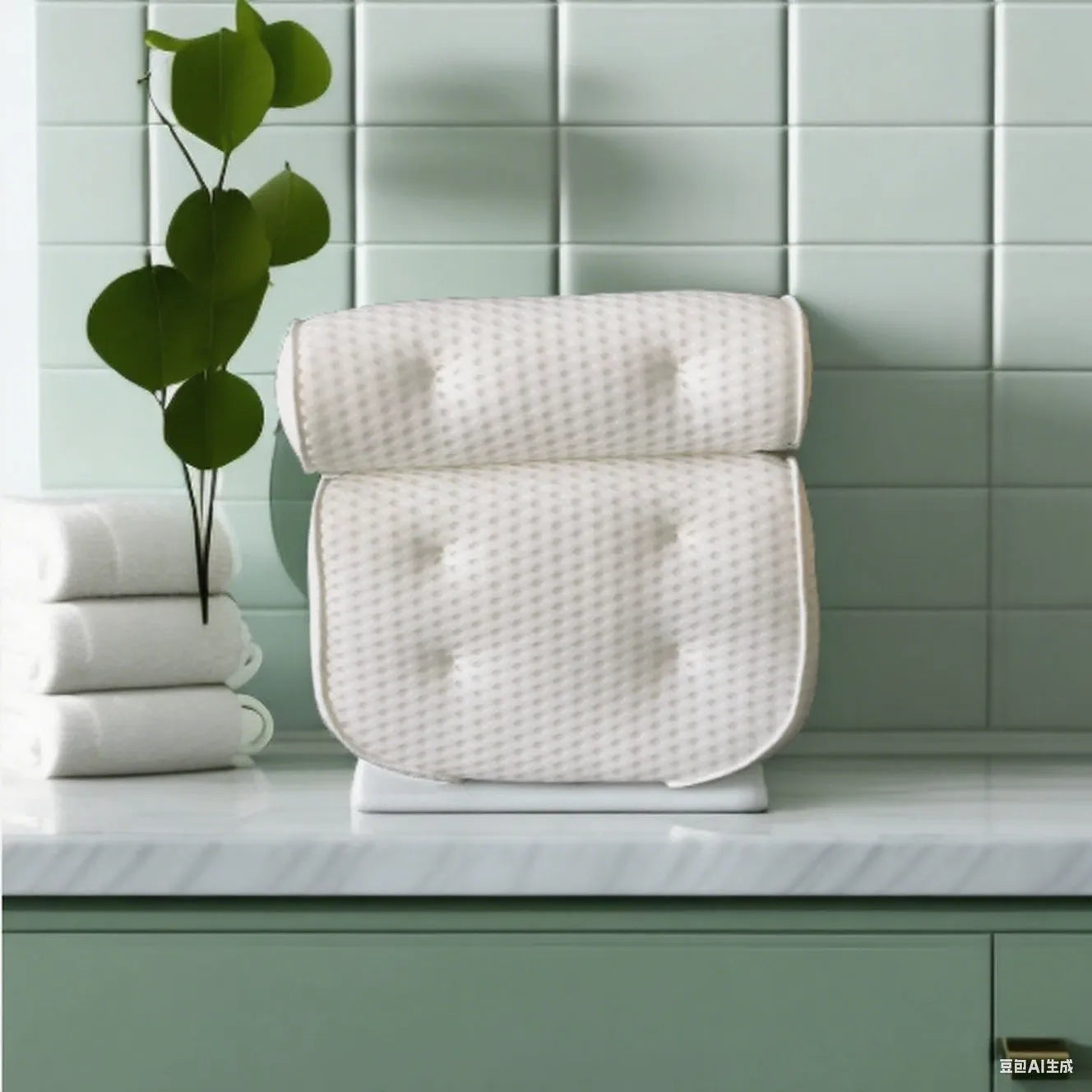 White rectangular bathtub pillow with a textured 3D mesh surface and large white suction cups on the back.