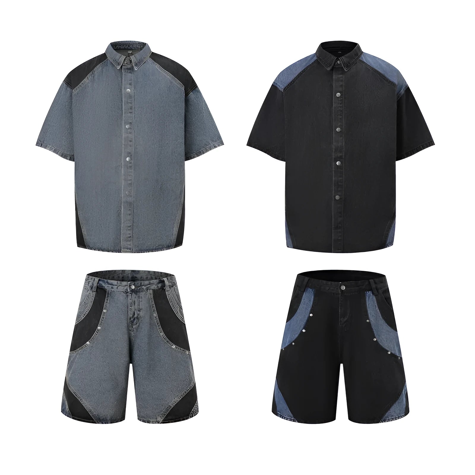 Retro washed denim suit set comprising a short-sleeve jacket and full-length trousers in blue.