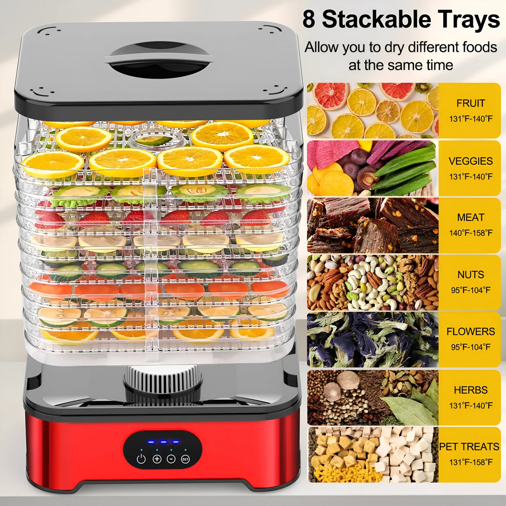 Silver and red household food dehydrator with eight stacking trays showing compact and expanded sizes.