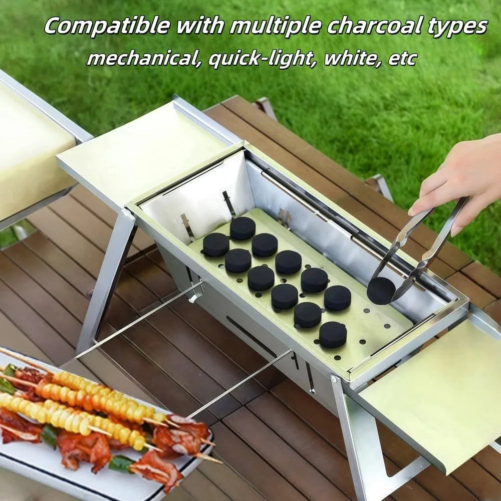 Small folding portable charcoal barbecue grill shown open for use and collapsed for storage