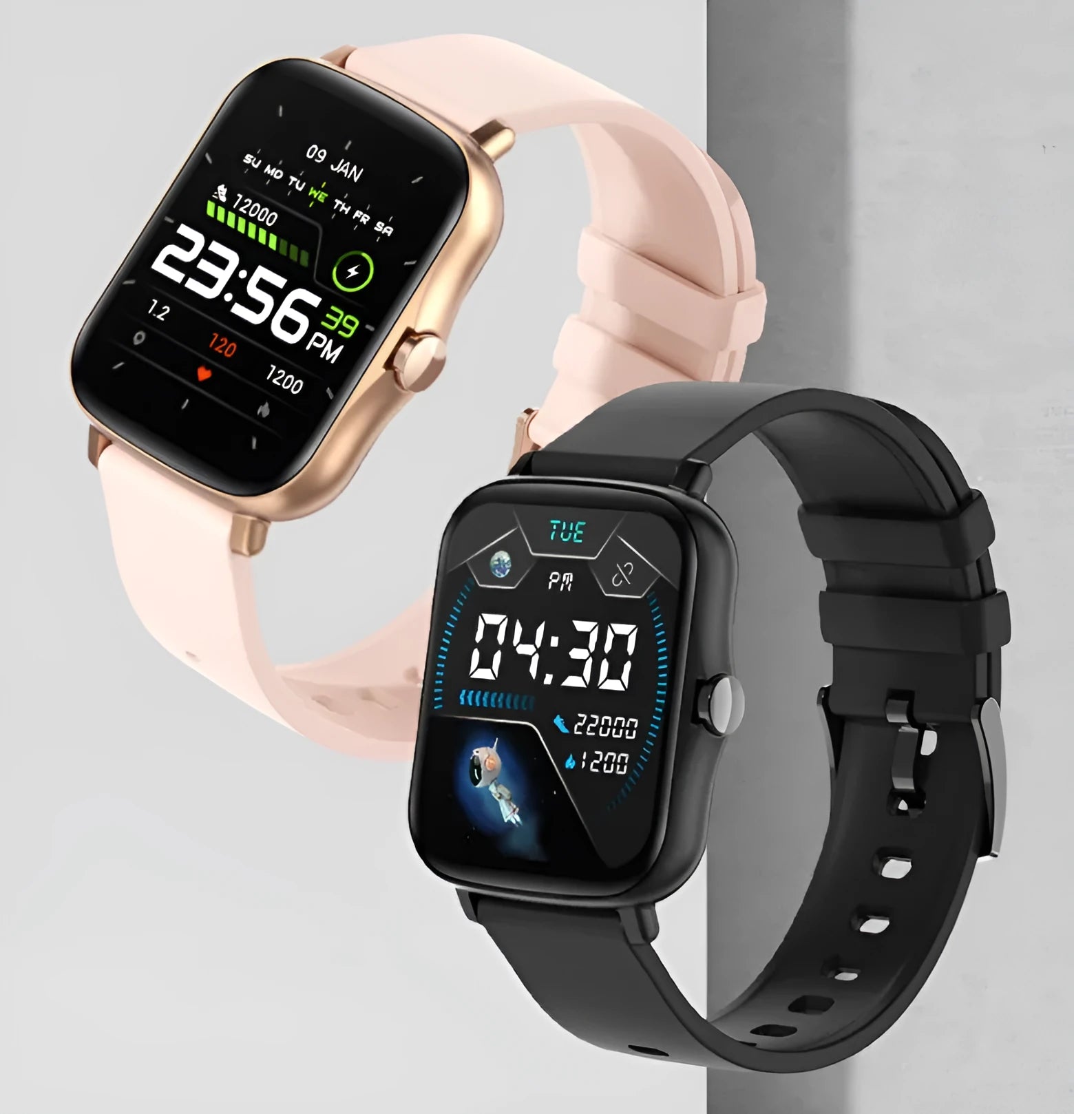 Black smart watch with a 1.7-inch colour touch screen on an adjustable strap, showing a fitness tracking interface.